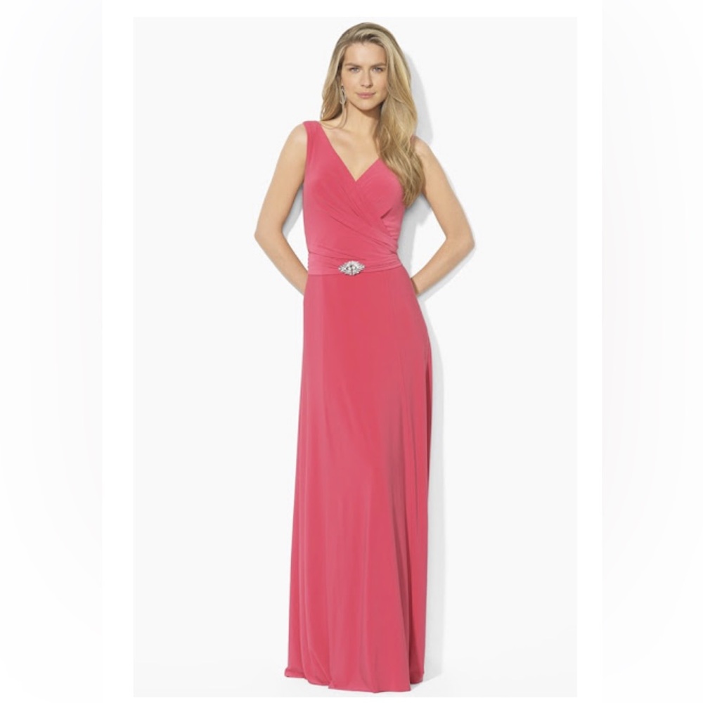 Ralph Lauren Coral-Pink Sleeveless V-Neck Maxi Dress with Jeweled Waist